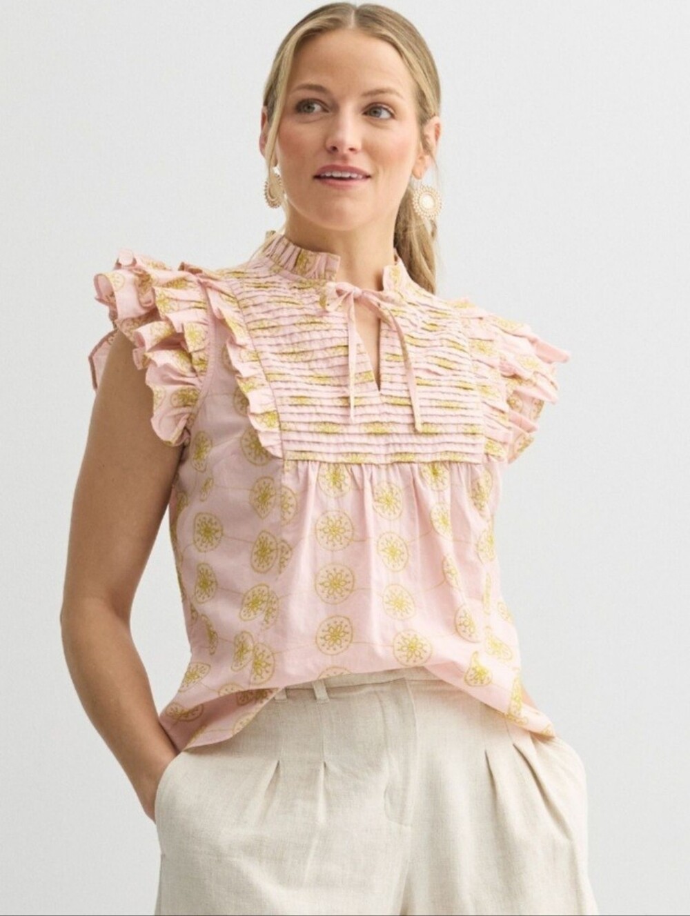 Farmers Market Ruffled Pink Top with Gold Medallion Print | Size Large - NWT